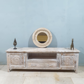 Handmade Indian Furniture Solid Hard Wood Carved Tv Unit in Whitewash